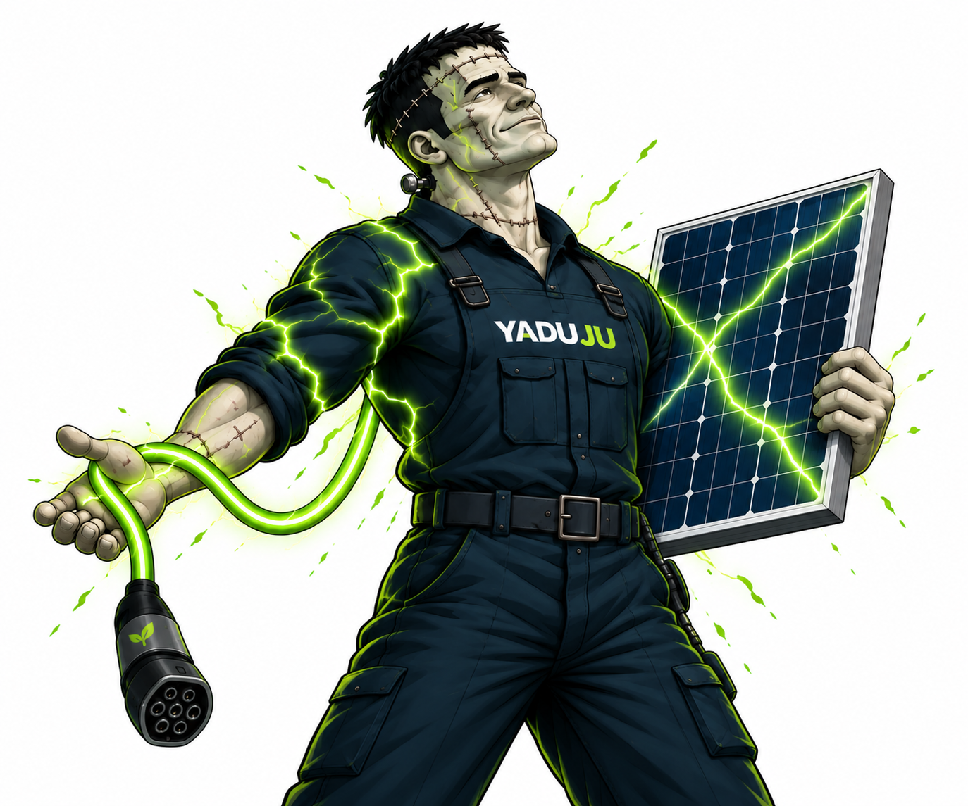 Mascotte YADUJU traversée par l’énergie, avec panneau solaire et prise Type 2